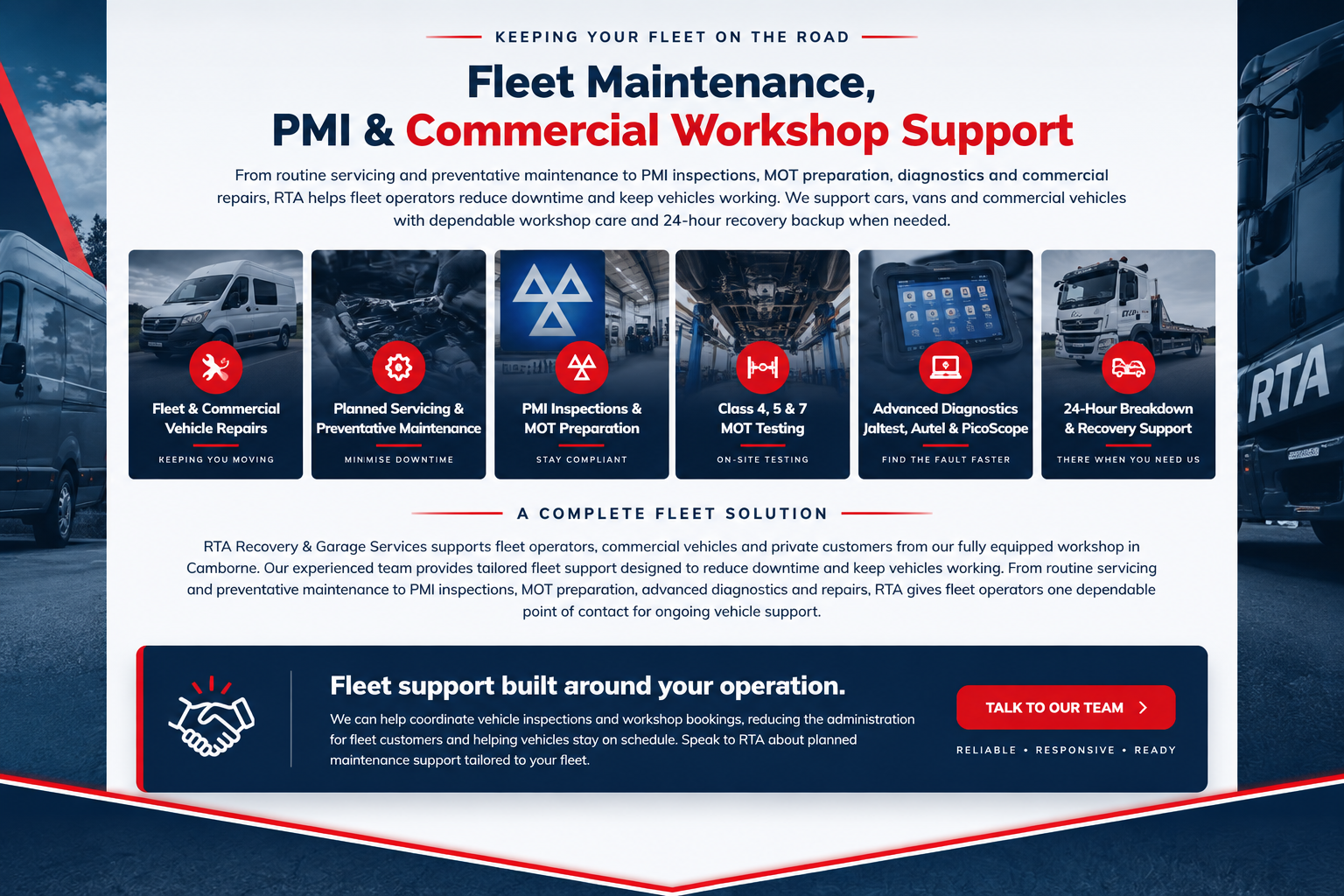 RTA Fleet Maintenance, PMI, Commercial Workshop Support, MOT, diagnostics and 24-hour recovery