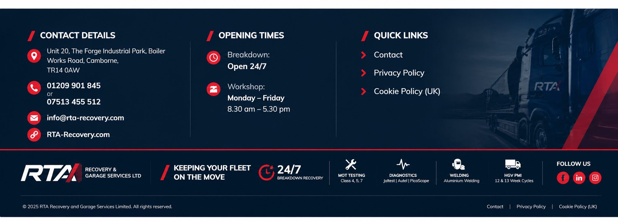 RTA Recovery footer with contact details, opening times, fleet services and 24-hour recovery